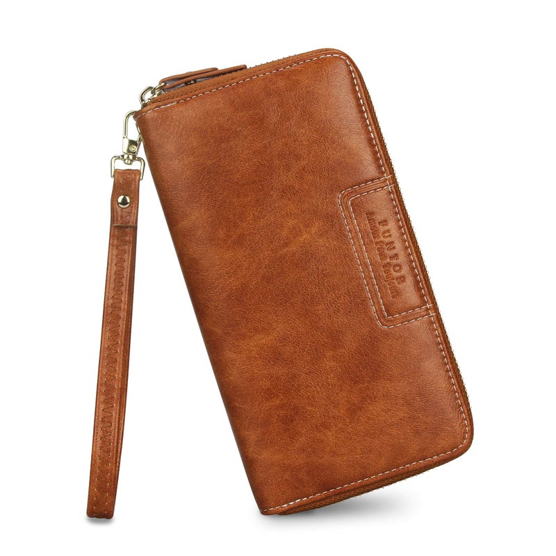 FT FUNTOR Wristlet Wallet for Women, Ladies Zip around Wallet PU Vegan Leather Clutch Long Purse Phone Card Holder Organizer Brown - Image 1